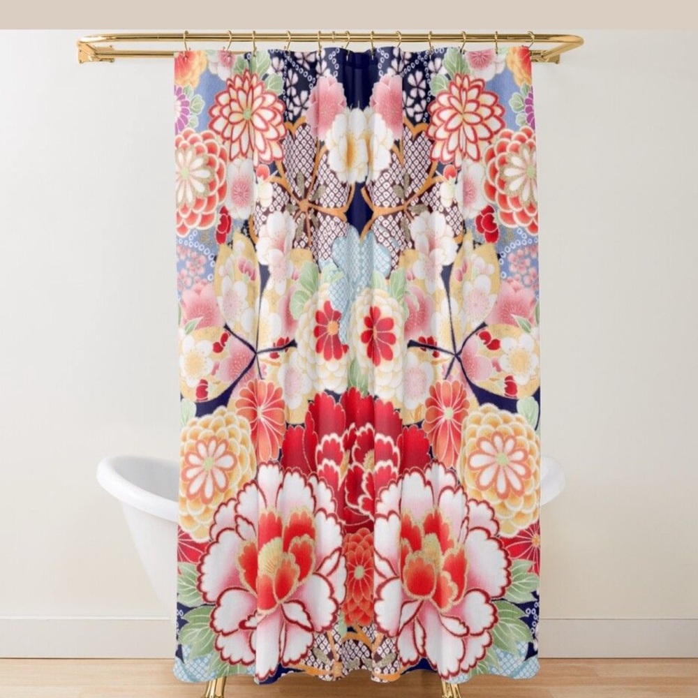 “Antique Japanese Flowers” Pink White Wild Roses Kimono Style Shower Curtain